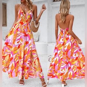 New Tropical Smocked Halter Neck Cami Maxi Dress Vibrant Tie Back Pink Orange